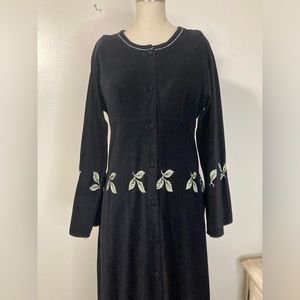 Vintage black maxi velour coat w leaf trim embroidery ren faire elf costume